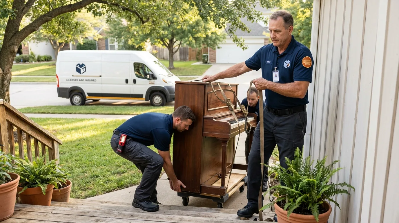 Licensed piano movers securing grand piano in Esko, MN