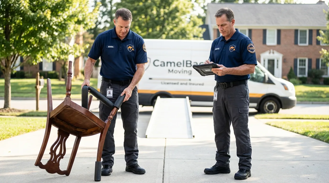 Movers inspecting furniture for damage prevention before loading in Esko, MN